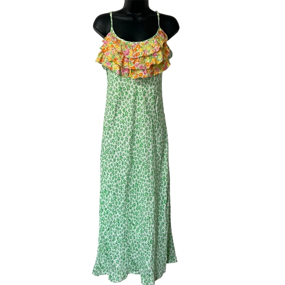 RIXO Target Green Leopard Print Ruffle Romantic Boho Midi Slip Dress Size M